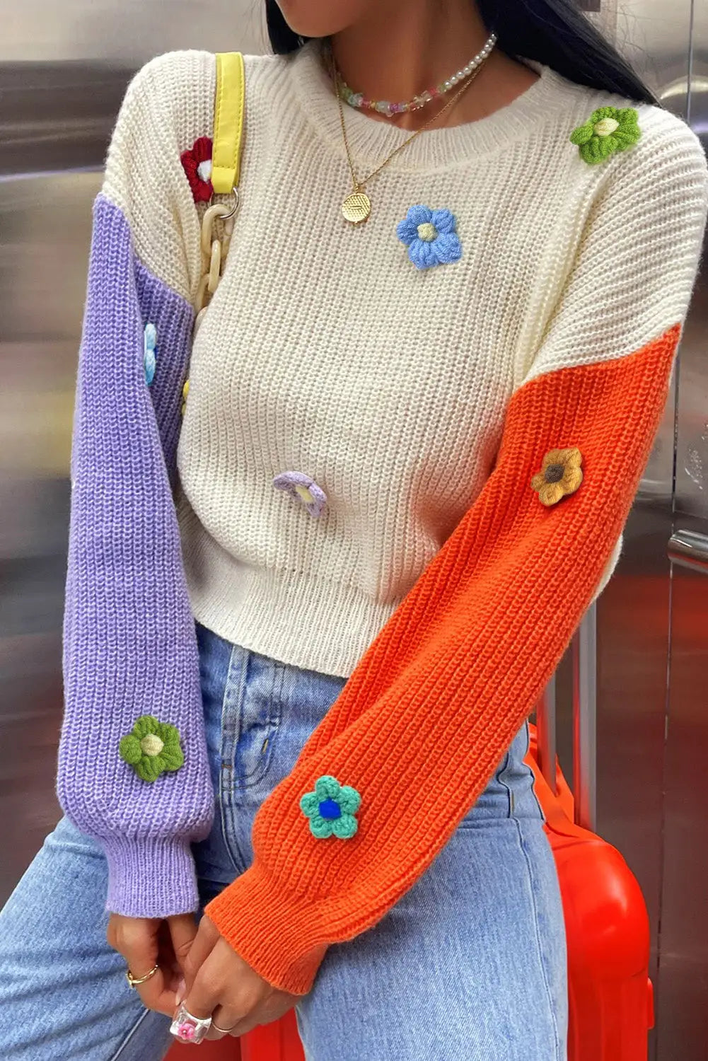 Multicolour flower applique colorblock drop shoulder sweater - sweaters & cardigans