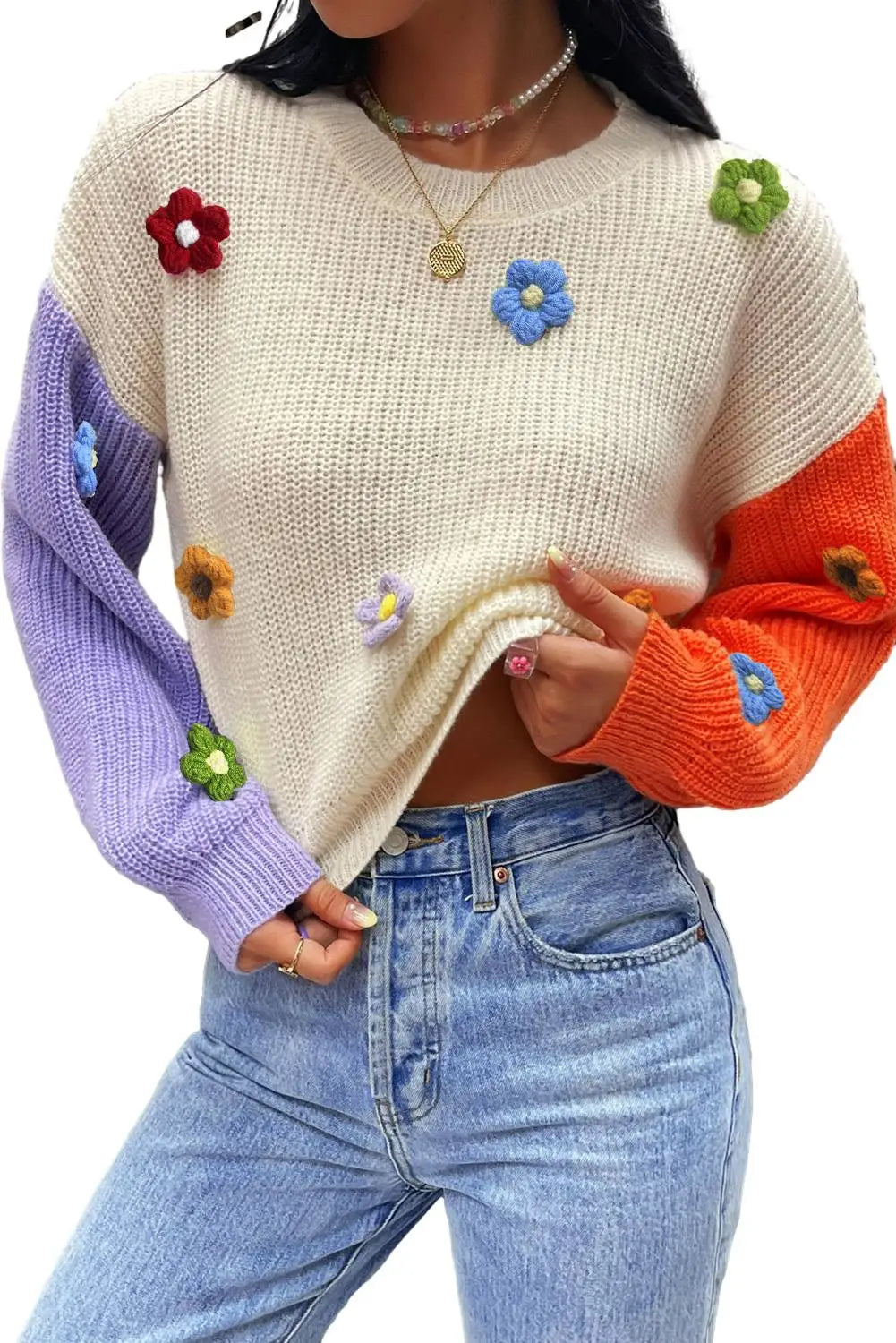 Multicolour flower applique colorblock drop shoulder sweater - sweaters & cardigans
