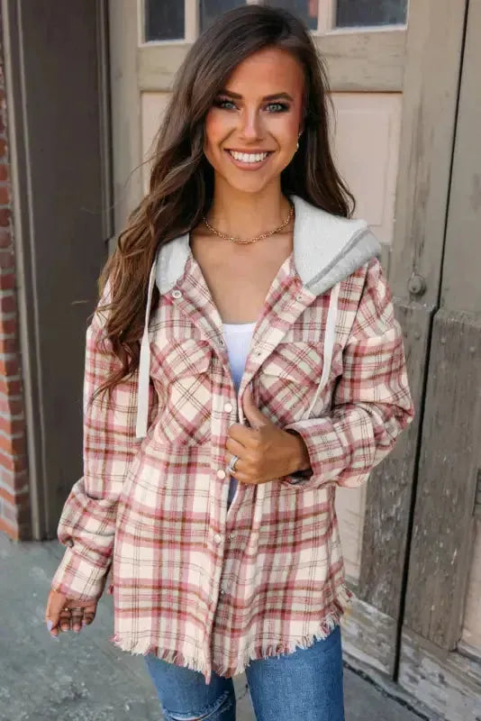 Multicolour Plaid Flap Pocket Hooded Jacket - Fashionfitz