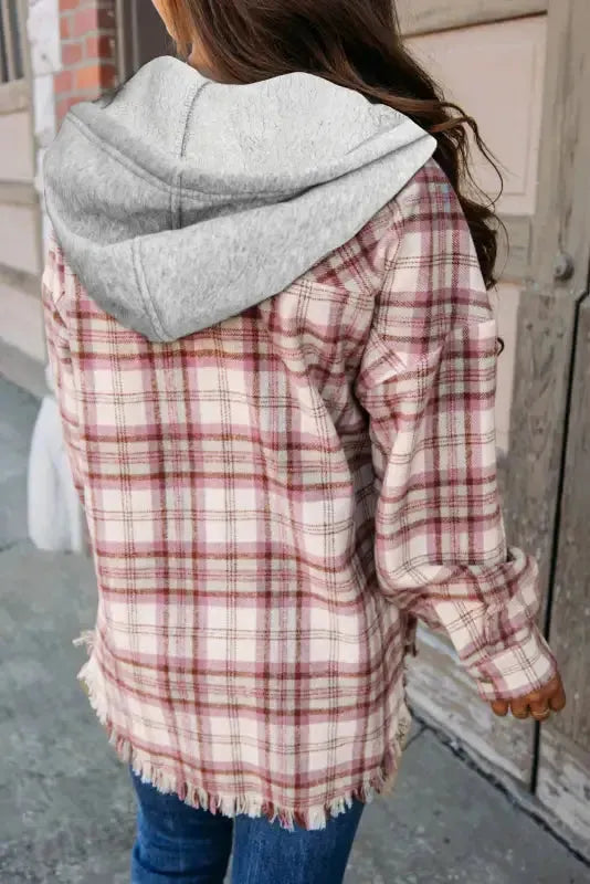Multicolour Plaid Flap Pocket Hooded Jacket - Fashionfitz