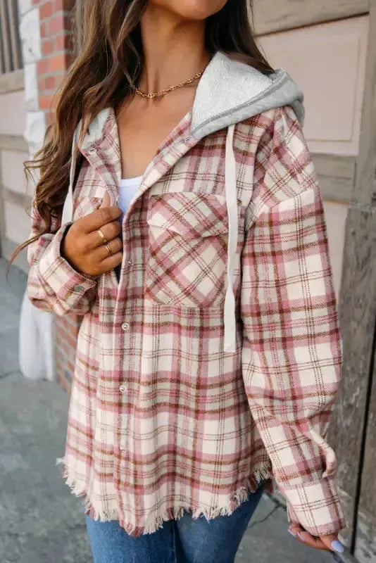 Multicolour Plaid Flap Pocket Hooded Jacket - Fashionfitz