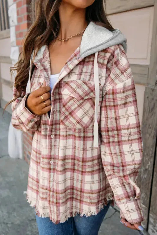 Multicolour Plaid Flap Pocket Hooded Jacket - Fashionfitz