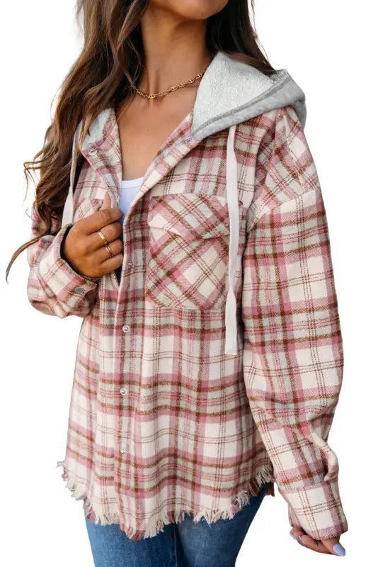 Multicolour plaid flap pocket hooded jacket - hood jackets