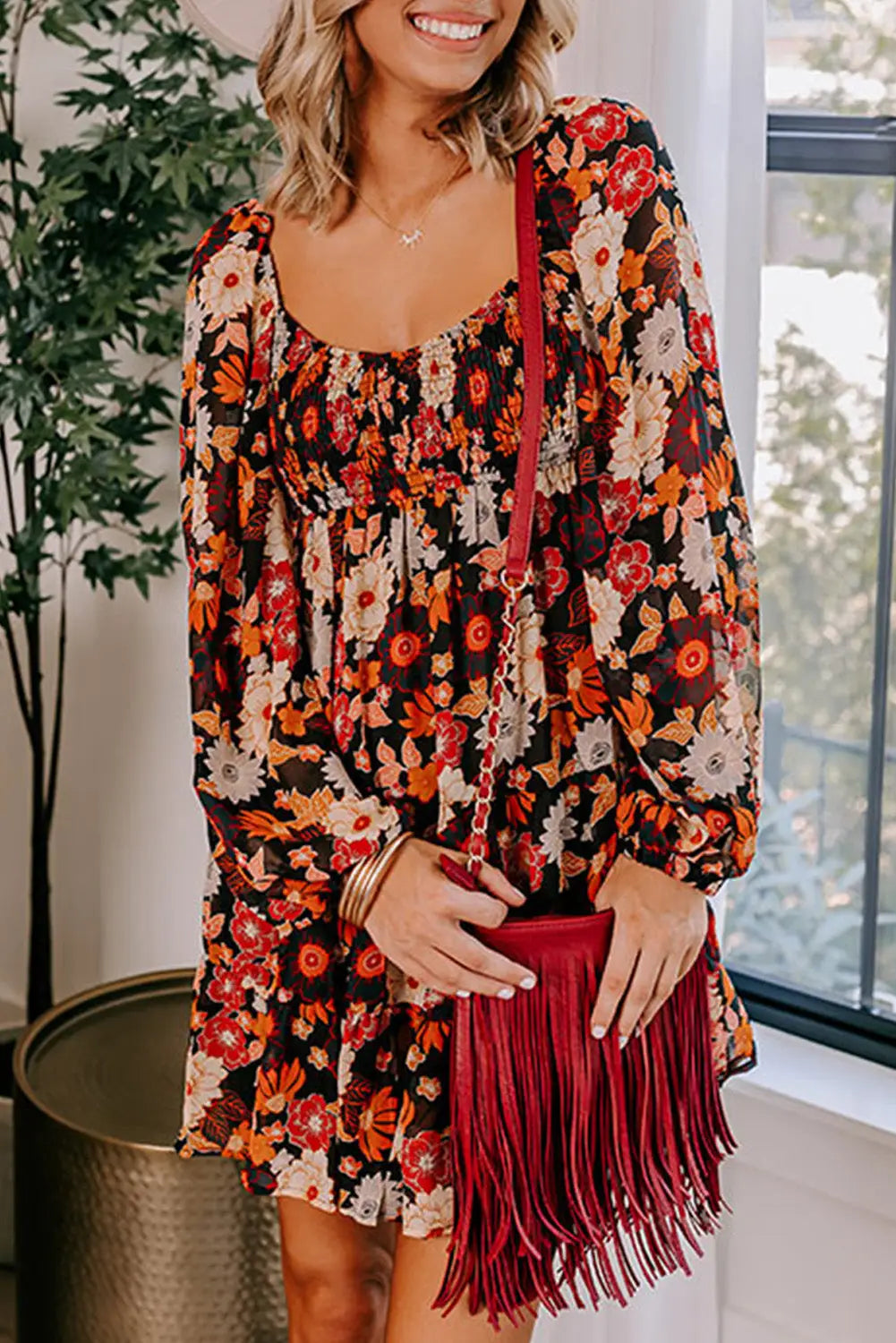 Multicolour smocked high waist long sleeve floral dress - s / 100% polyester - dresses