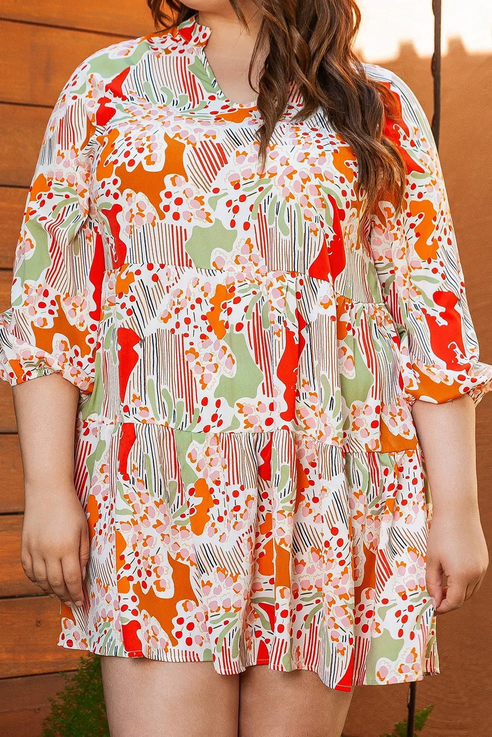 Multicolour split neck puff sleeve flowy printed dress - dresses