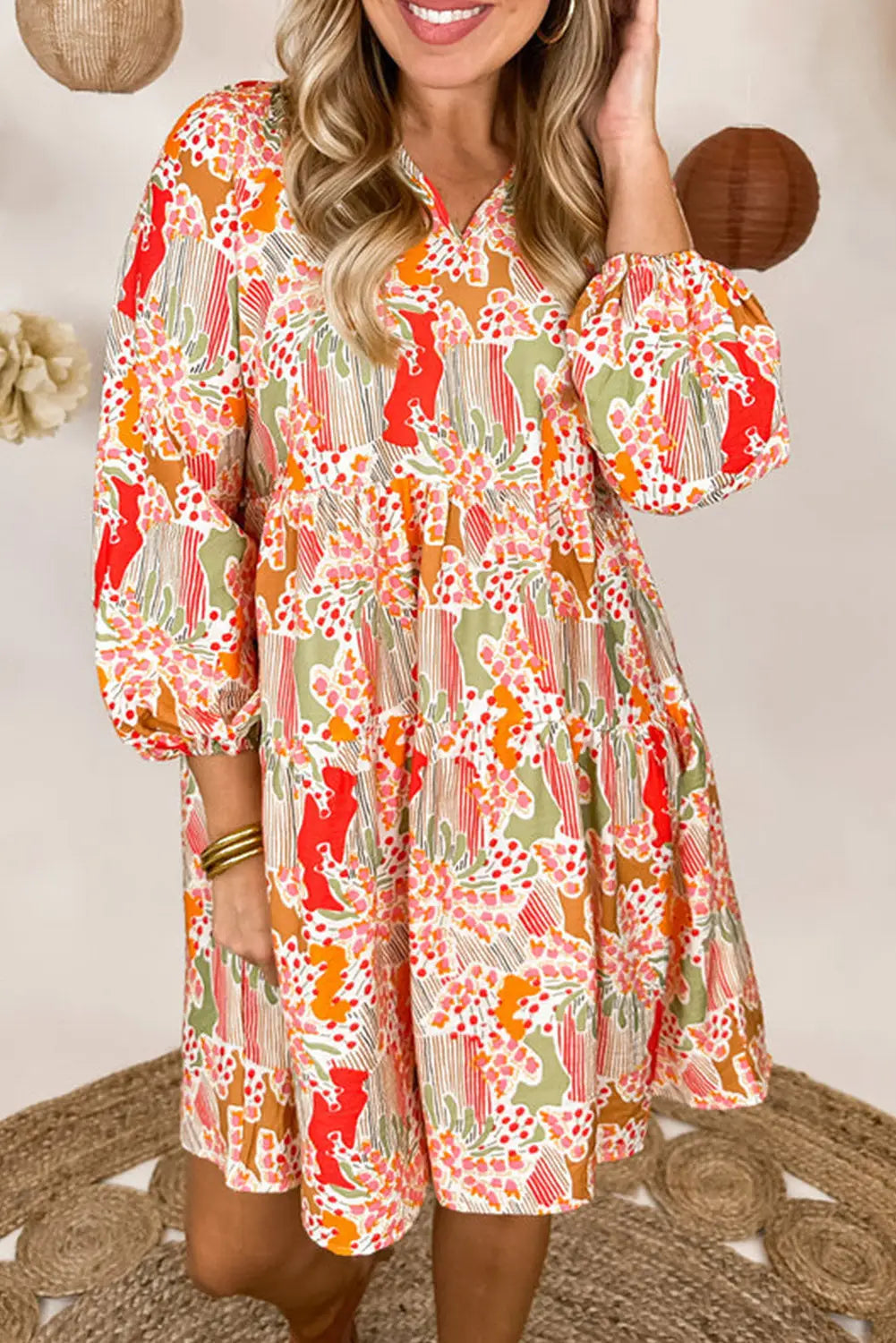 Multicolour split neck puff sleeve flowy printed dress - l / 100% polyester - mini dresses