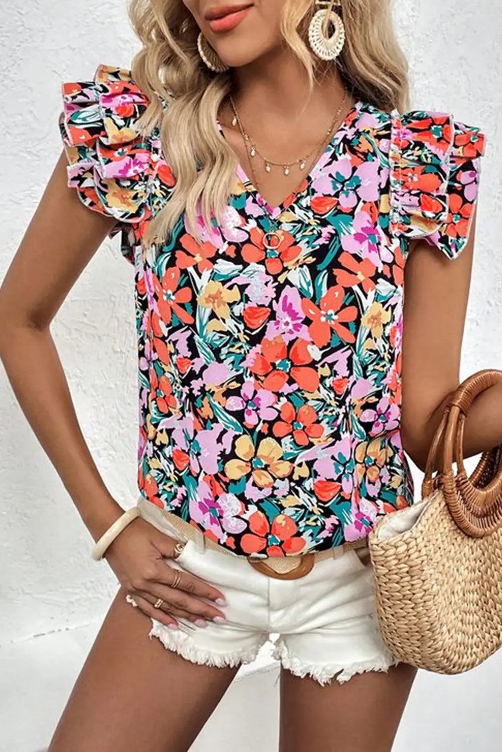 Multicolour tiered ruffled sleeve floral blouse - s / 100% polyester - blouses