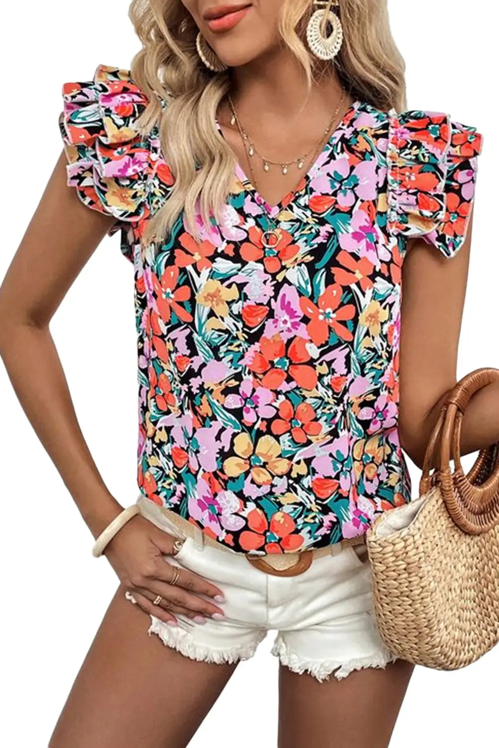 Multicolour tiered ruffled sleeve floral blouse - blouses