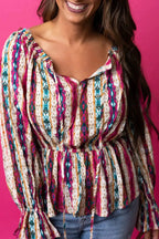 Multicolour Western Aztec Split Neck Peplum Blouse - Fashionfitz