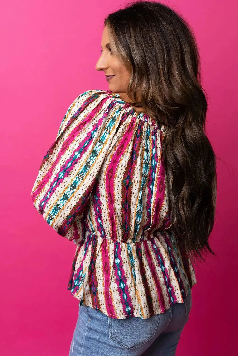 Multicolour Western Aztec Split Neck Peplum Blouse - Fashionfitz