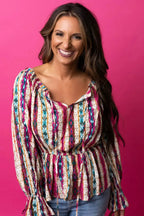 Multicolour Western Aztec Split Neck Peplum Blouse - Fashionfitz