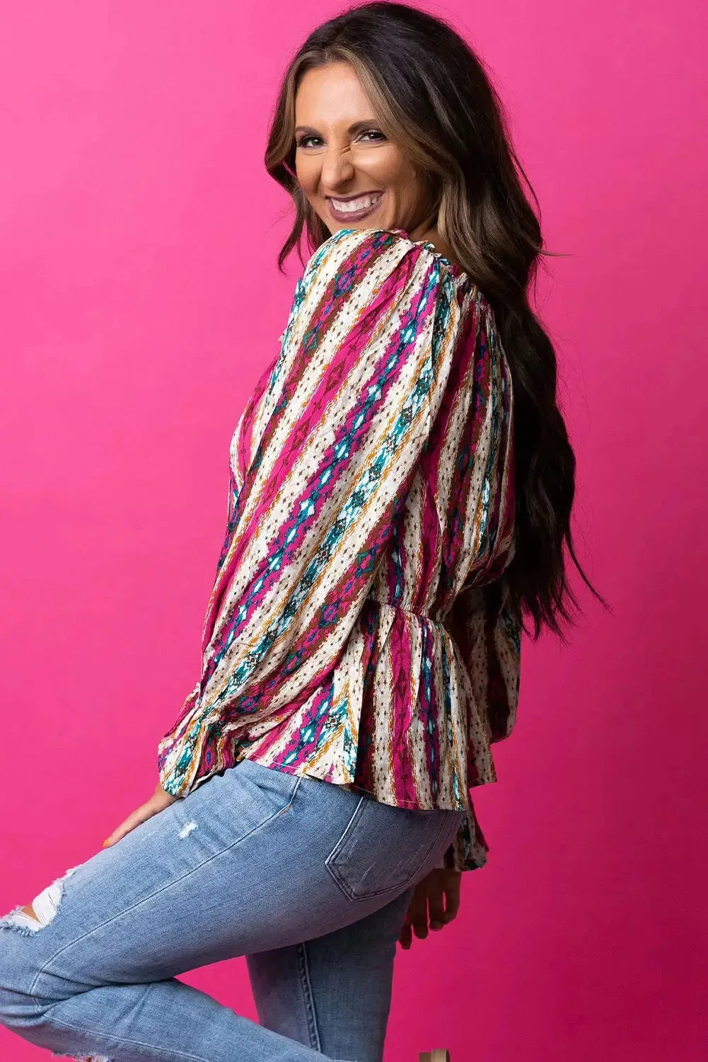 Multicolour Western Aztec Split Neck Peplum Blouse - Fashionfitz