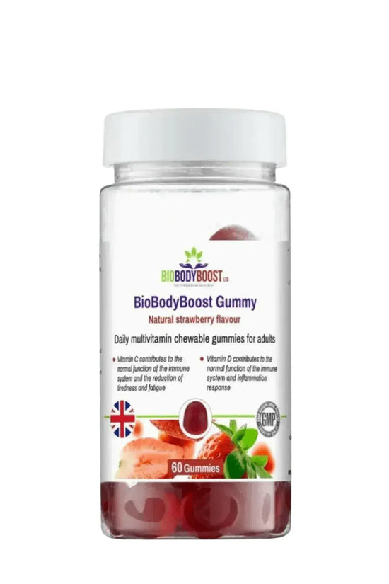 BioBodyBoost Multivitamin Gummies angled view — chewable daily vitamin supplement for adults, UK