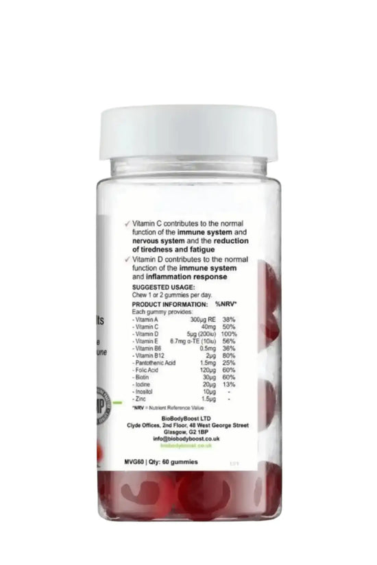 BioBodyBoost Multivitamin Gummies front-angle — vegan-friendly fruity chewable multivitamins, BioBodyBoost UK