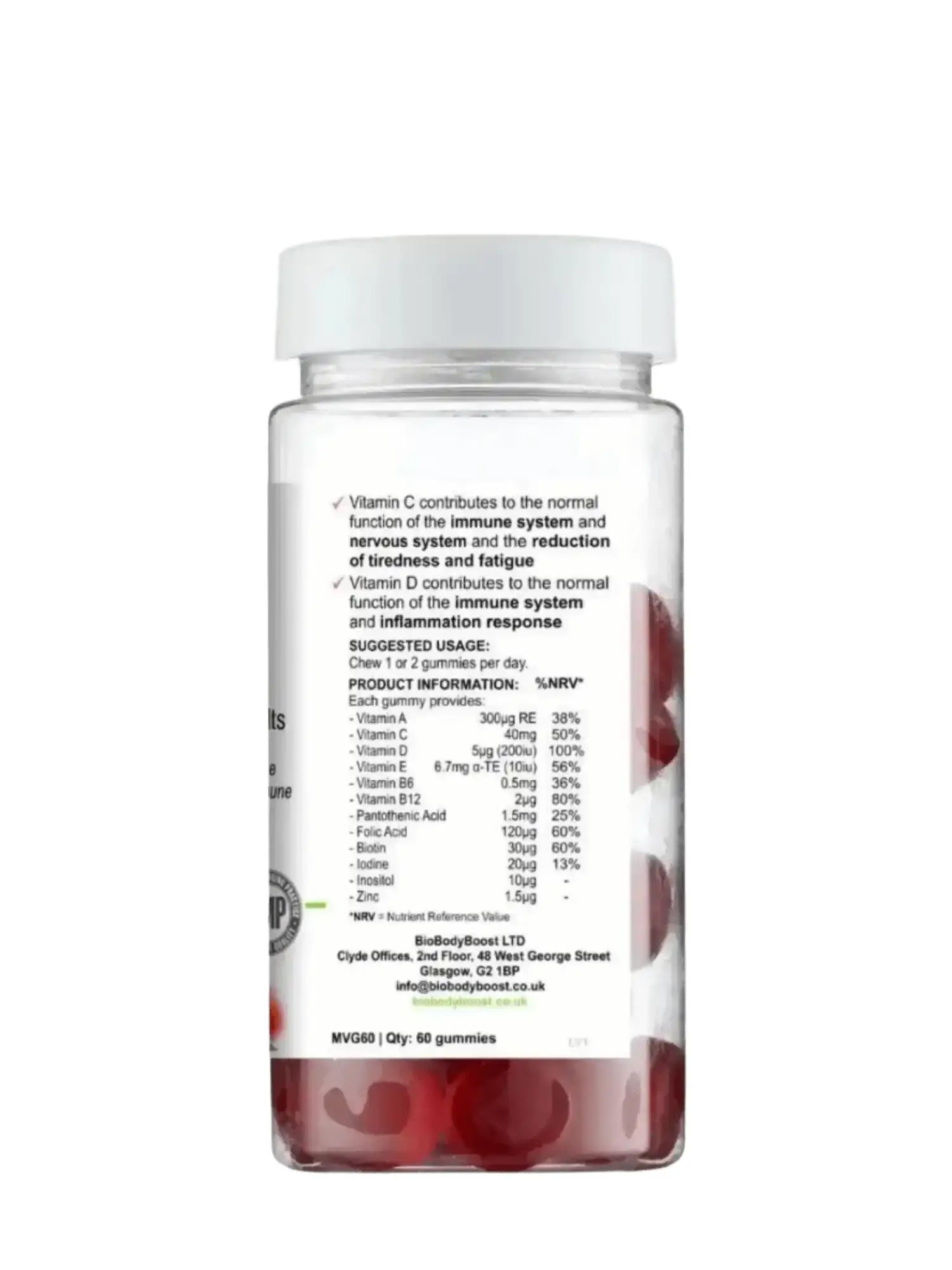 BioBodyBoost Multivitamin Gummies front-angle — vegan-friendly fruity chewable multivitamins, BioBodyBoost UK