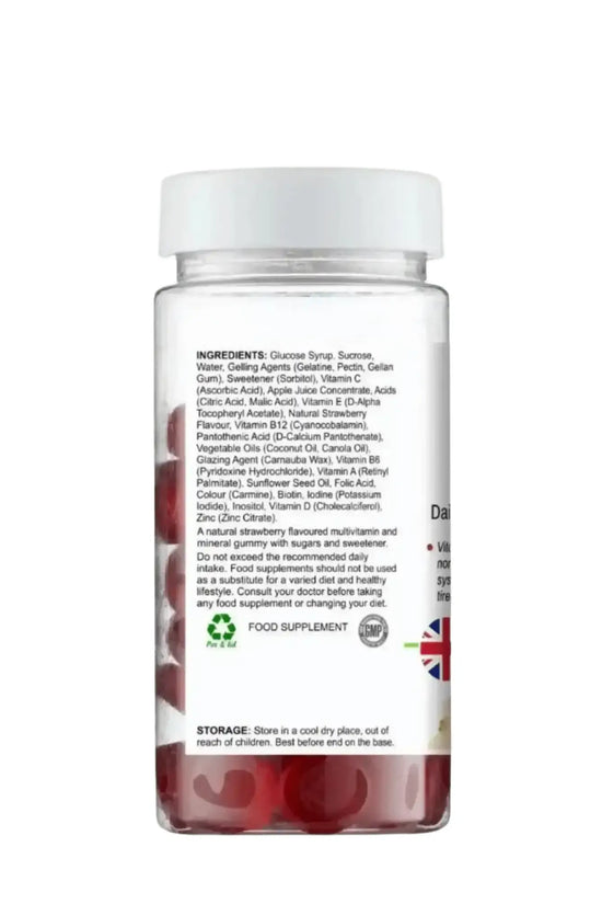 Back label of BioBodyBoost Multivitamin Gummies showing vitamins A, C, D, E, B12 and mineral content