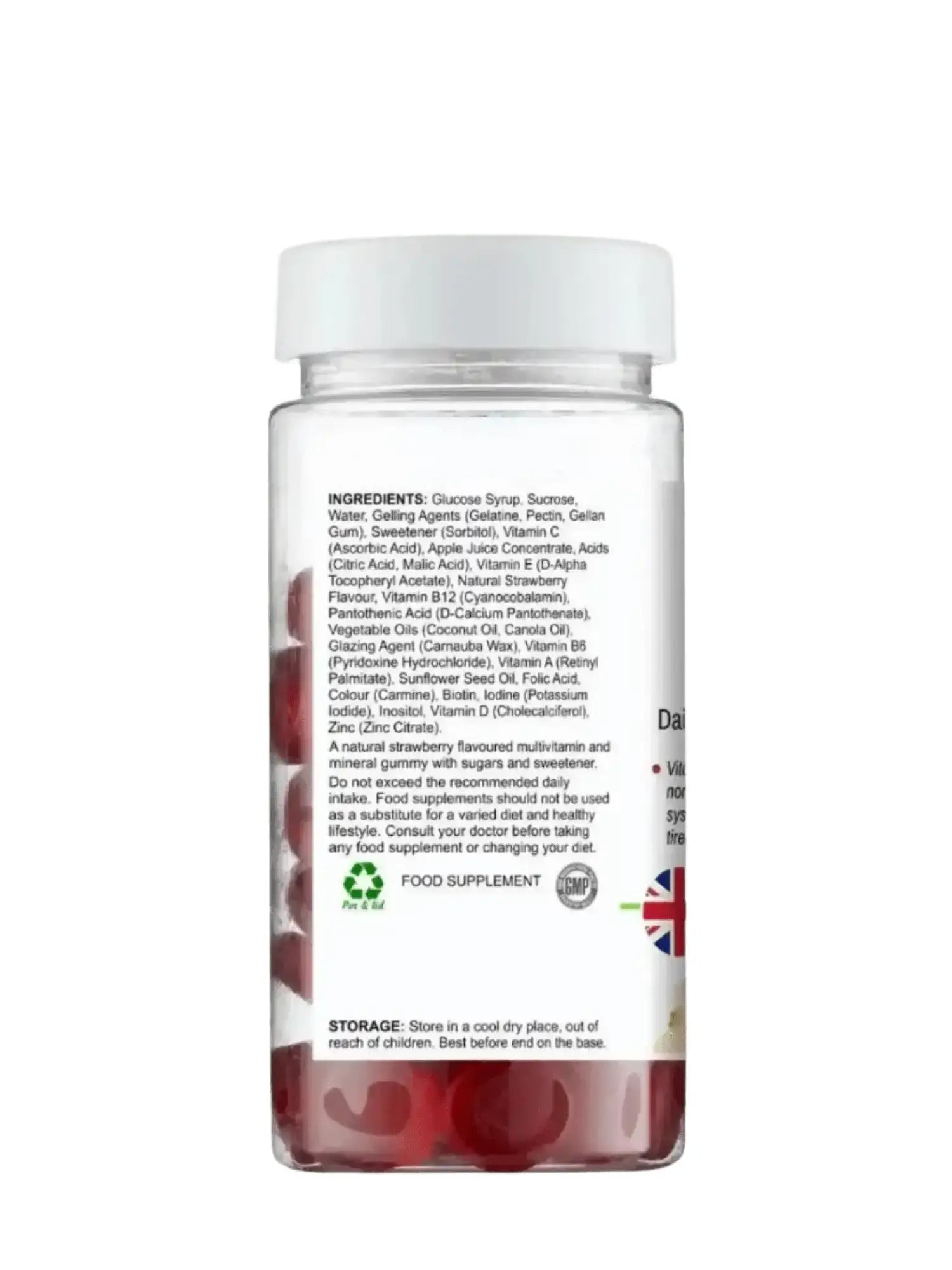 Back label of BioBodyBoost Multivitamin Gummies showing vitamins A, C, D, E, B12 and mineral content
