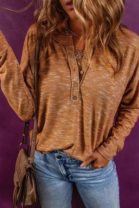 Mustard Rib Knit Drop Shoulder Long Sleeve Henley Top - Fashionfitz