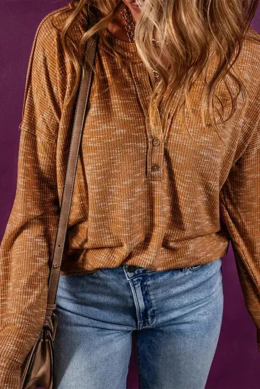 Mustard Rib Knit Drop Shoulder Long Sleeve Henley Top - Fashionfitz