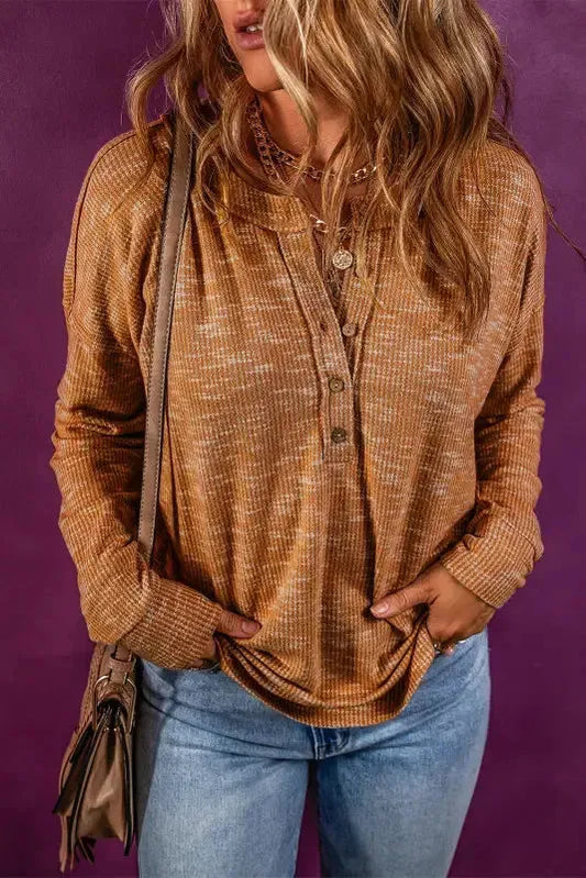 Mustard Rib Knit Drop Shoulder Long Sleeve Henley Top - Fashionfitz