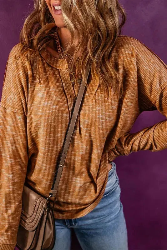 Mustard Rib Knit Drop Shoulder Long Sleeve Henley Top - Fashionfitz