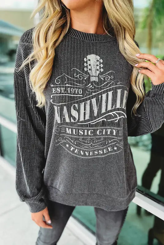 Nashville music city - graphic sweatshirt - black / s / 75% polyester + 20% viscose + 5% elastane - sweatshirts