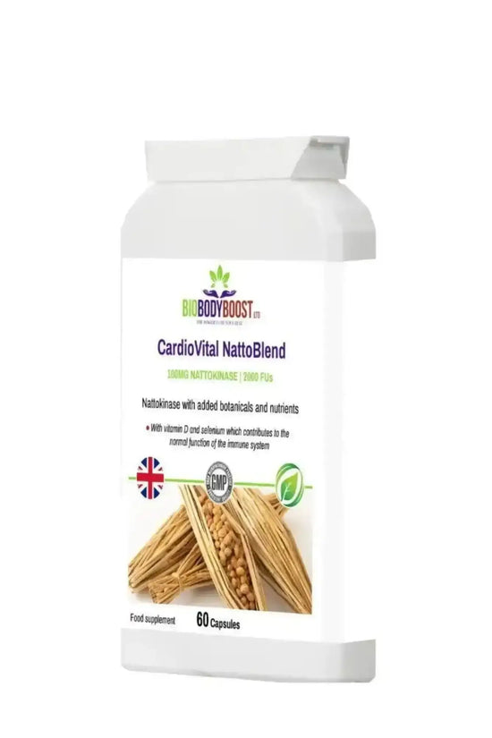 CardioVital Natto Blend angled view — cardiovascular and circulation support supplement, BioBodyBoost UK
