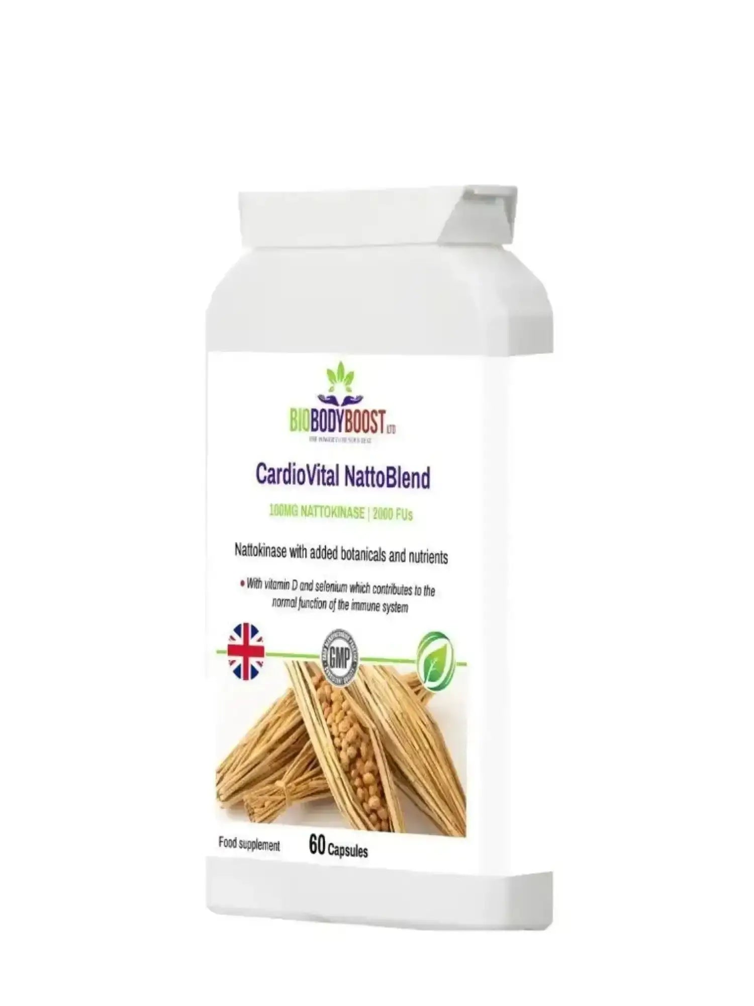 CardioVital Natto Blend angled view — cardiovascular and circulation support supplement, BioBodyBoost UK