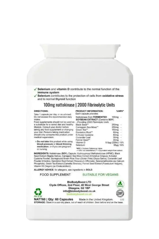 Back label of CardioVital Natto Blend showing nattokinase, vitamin D and selenium content with dosage guide