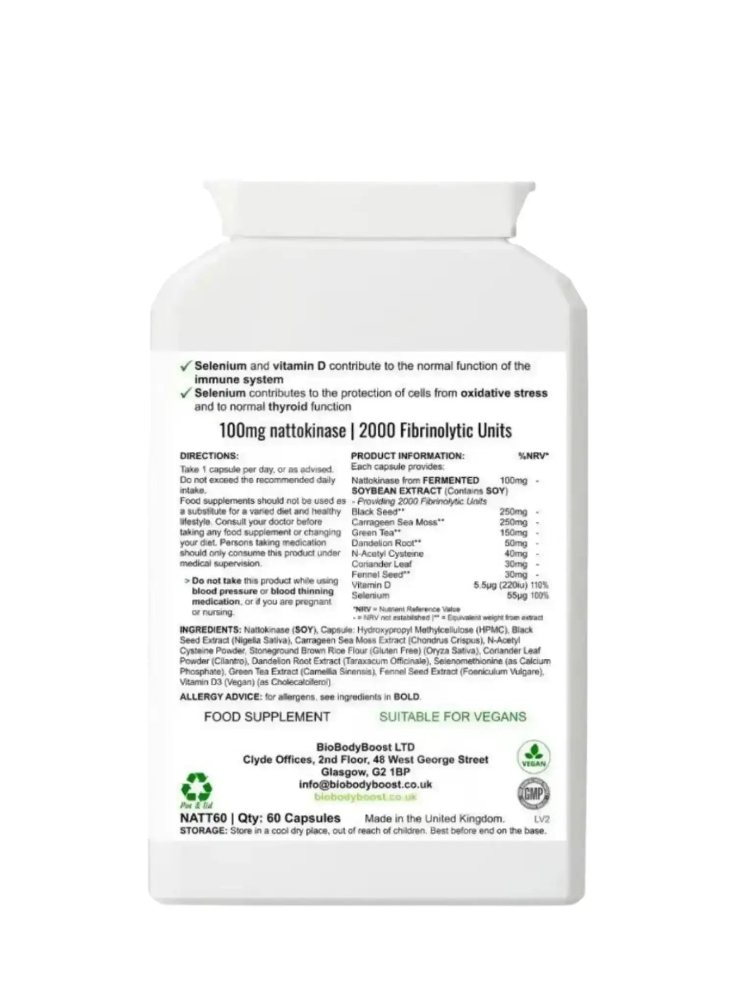 Back label of CardioVital Natto Blend showing nattokinase, vitamin D and selenium content with dosage guide