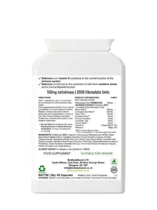 Back label of CardioVital Natto Blend showing nattokinase, vitamin D and selenium content with dosage guide