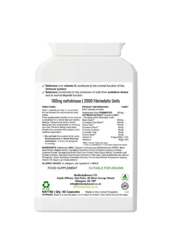 Back label of CardioVital Natto Blend showing nattokinase, vitamin D and selenium content with dosage guide