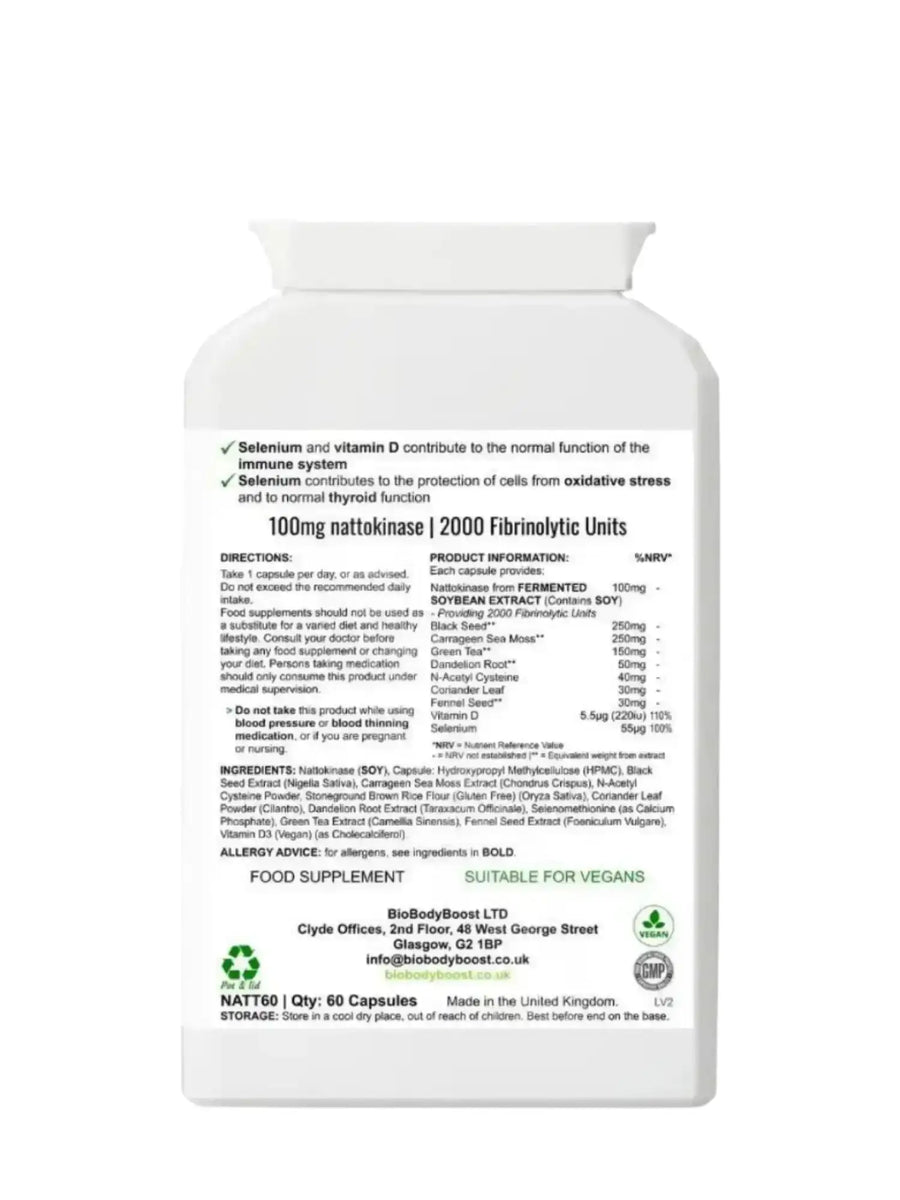 Back label of CardioVital Natto Blend showing nattokinase, vitamin D and selenium content with dosage guide