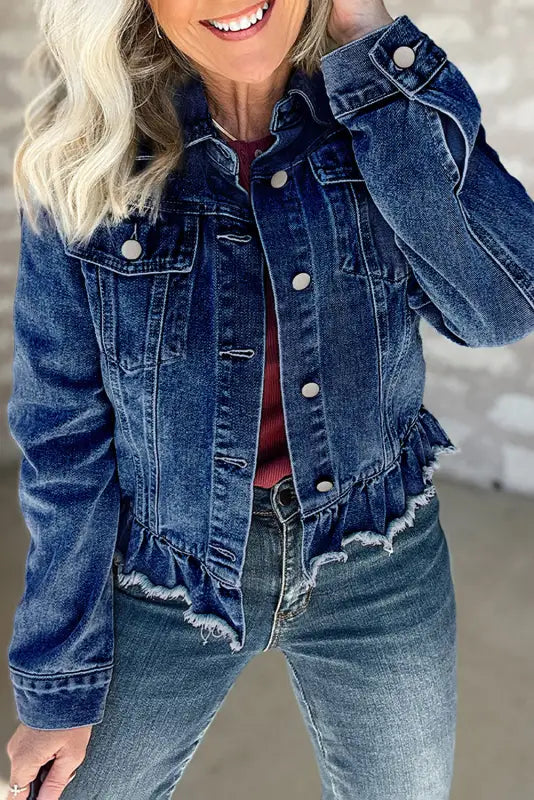 Nautical charm denim jacket | navy blue ruffle | fashion-forward