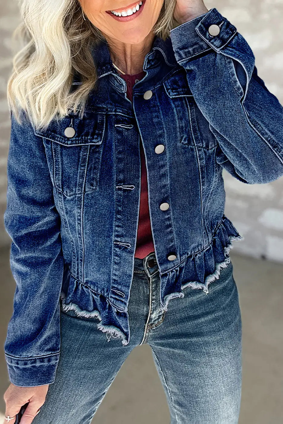 Nautical charm denim jacket | navy blue ruffle | fashion-forward