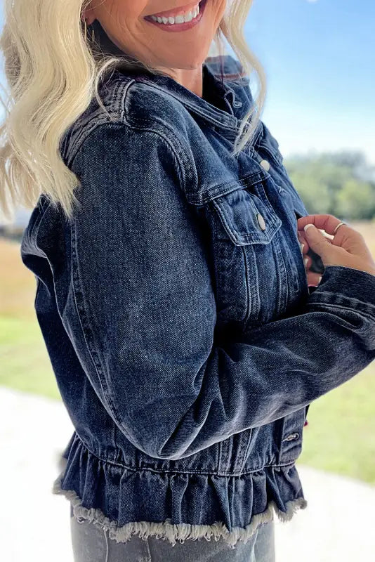 Nautical charm denim jacket | navy blue ruffle | fashion-forward