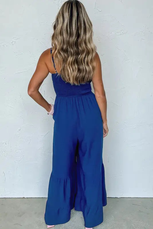 Navy blue spaghetti straps smocked ruffled wide leg jumpsuit - jumpsuits & rompers