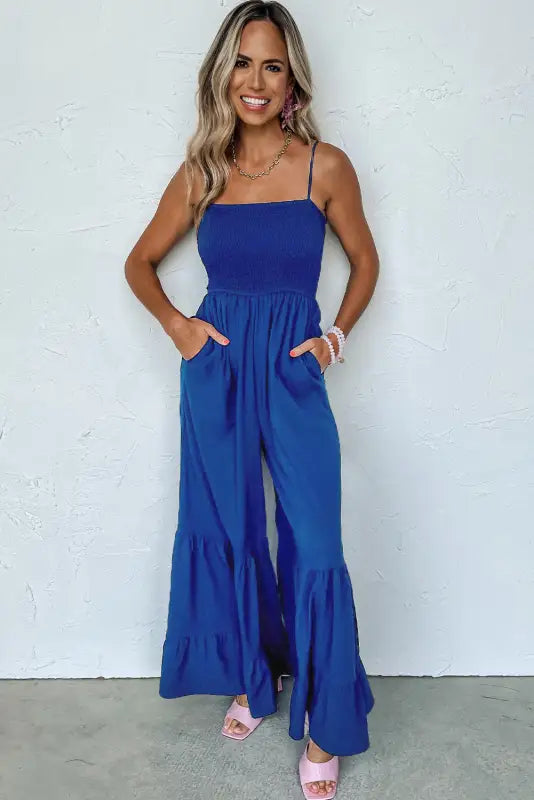 Navy blue spaghetti straps smocked ruffled wide leg jumpsuit - jumpsuits & rompers