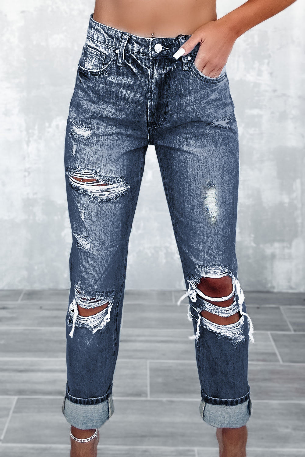 Navy blue light wash frayed slim fit high waist jeans - 6 93% cotton + 5% polyester + 2% elastane
