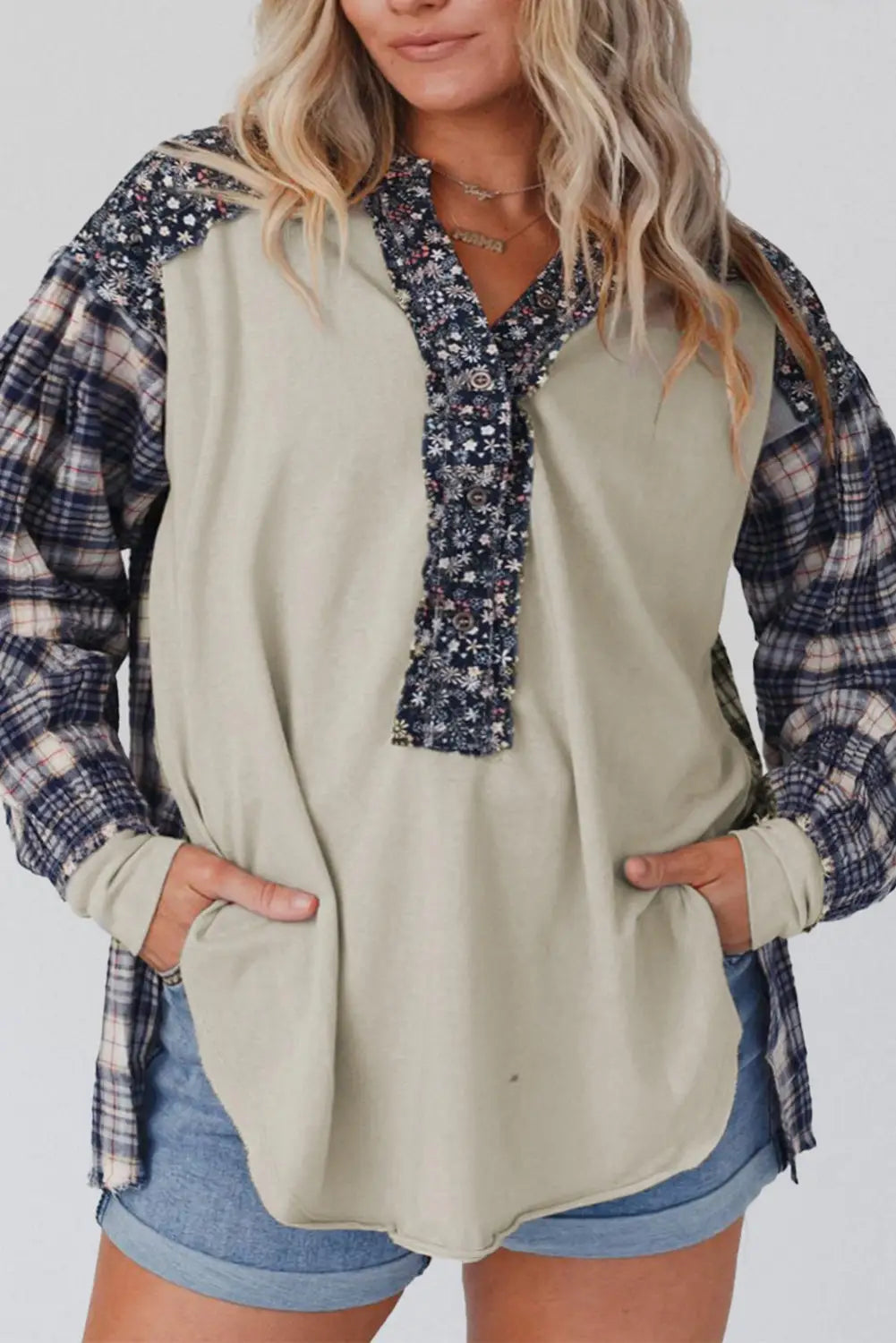 Navy blue mixed print half buttons plus size pullover top -
