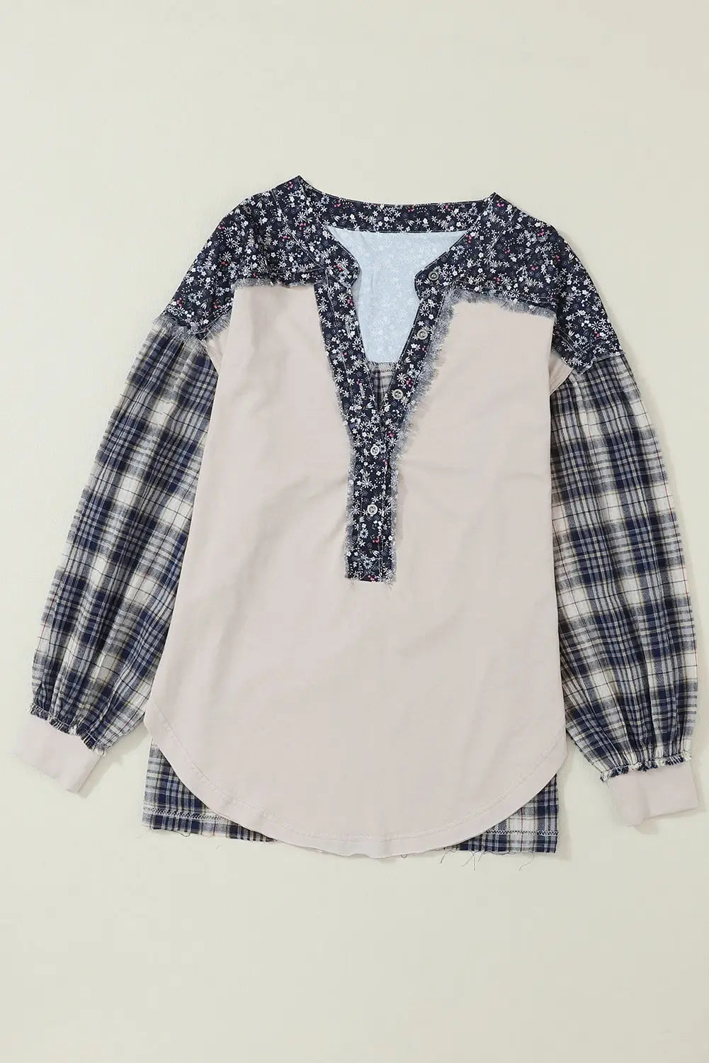 Navy blue mixed print half buttons plus size pullover top