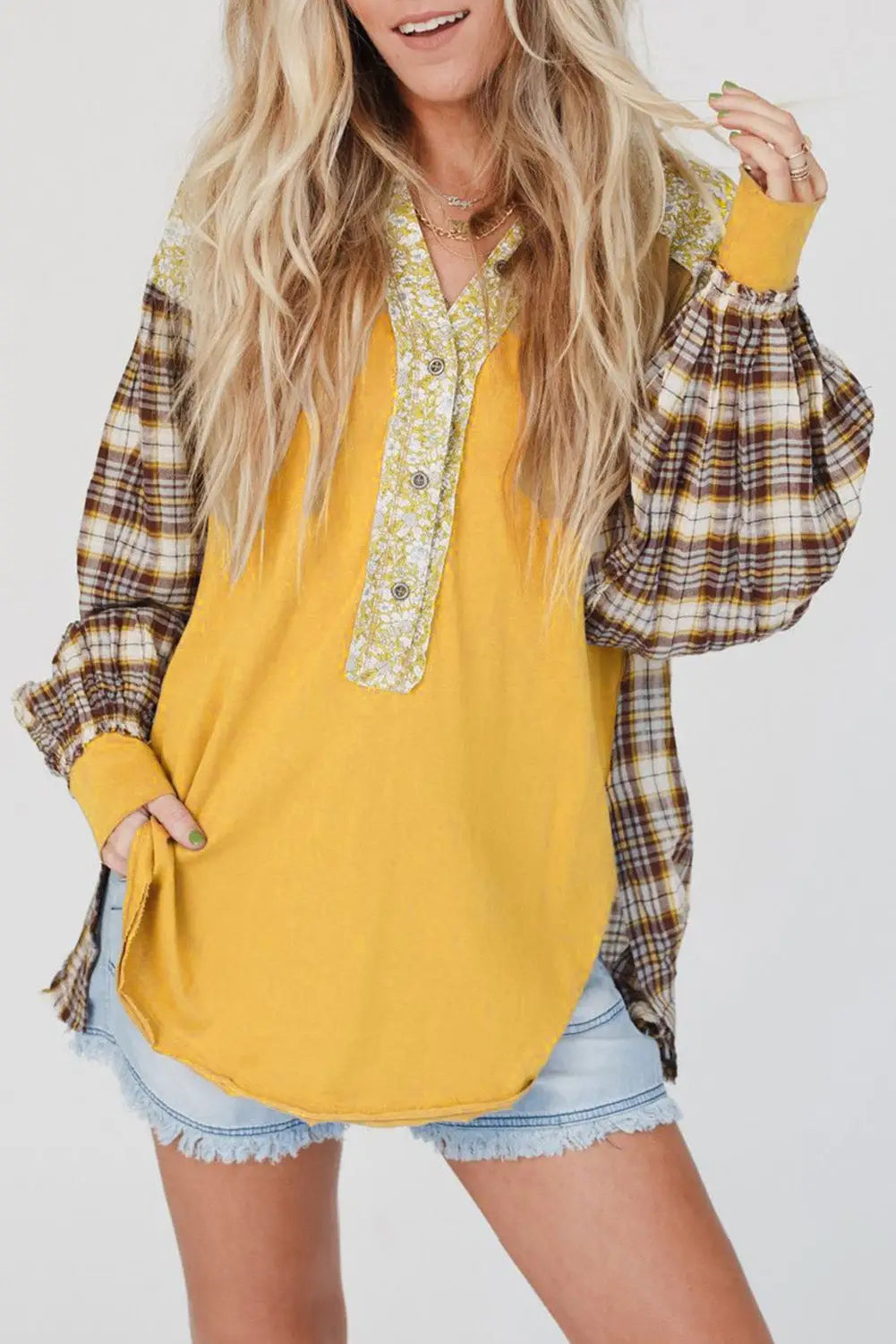 Navy blue mixed print half buttons plus size pullover top - yellow / l / 95% polyester + 5% elastane