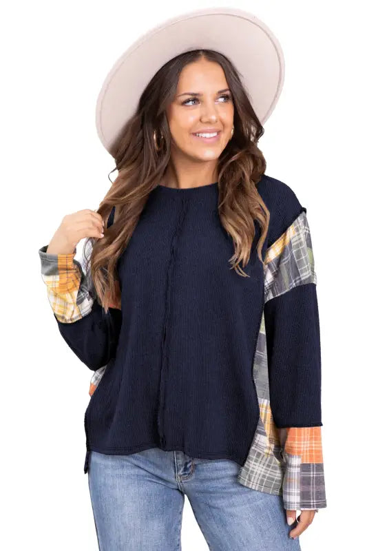 Navy blue plaid patchwork exposed seam knit top - tops