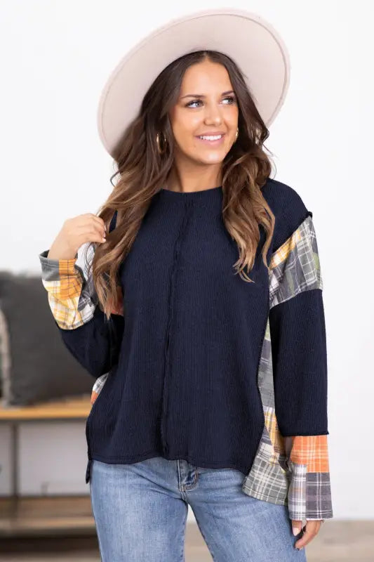 Navy blue plaid patchwork exposed seam knit top - tops