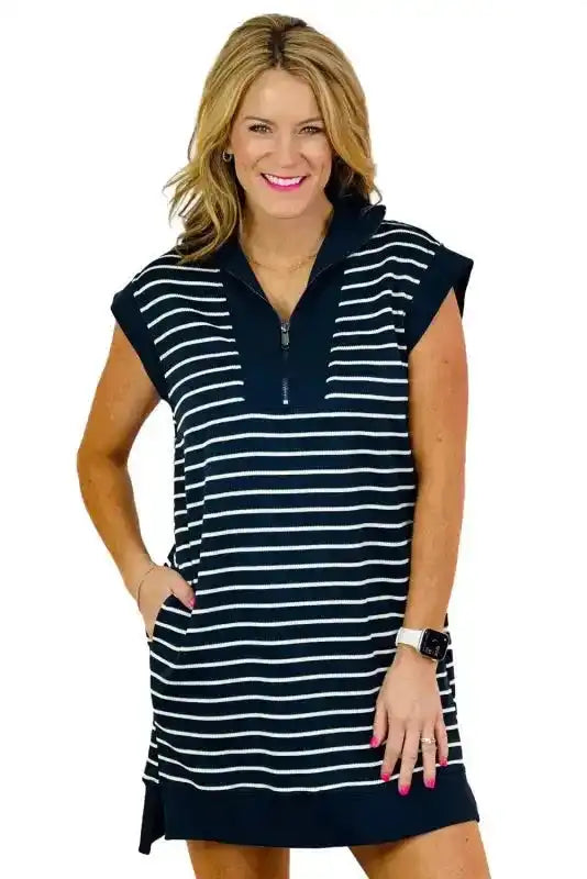 Navy Blue Quarter Zip Mini Dress - Fashionfitz