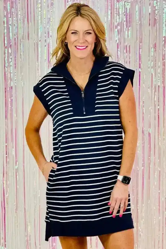 Navy Blue Quarter Zip Mini Dress - Fashionfitz