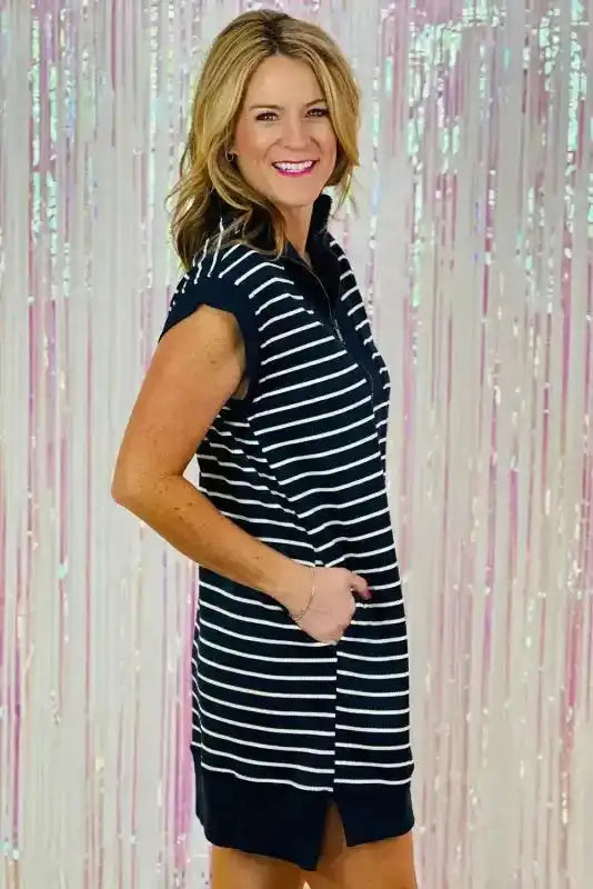 Navy Blue Quarter Zip Mini Dress - Fashionfitz