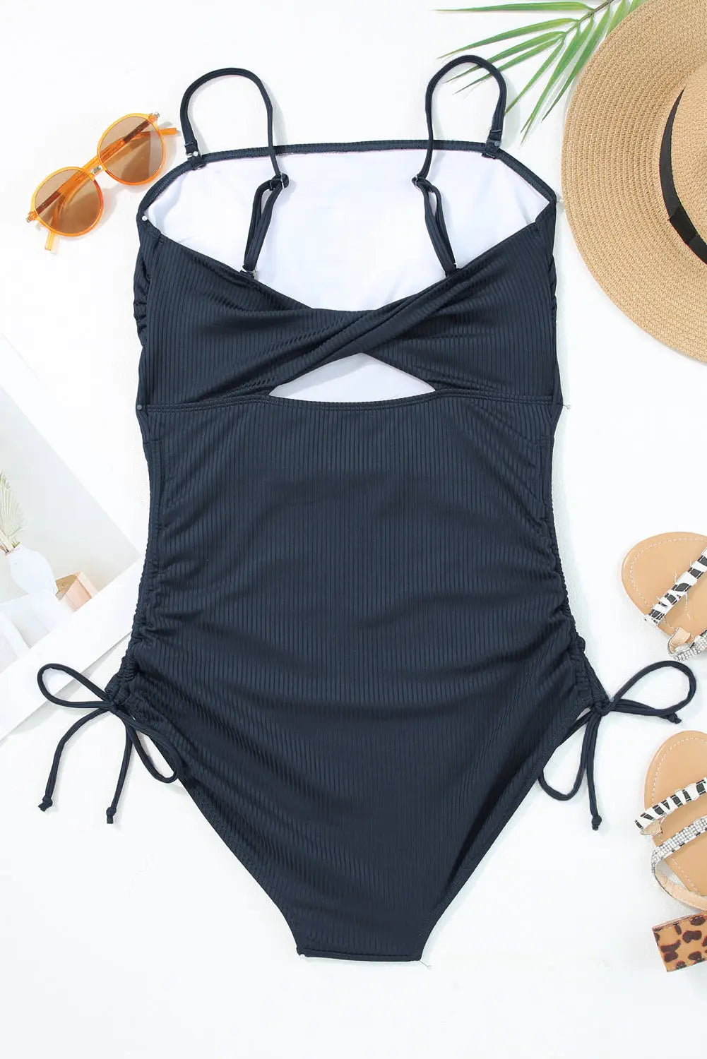 Navy blue ribbed cutout one piece swimsuit