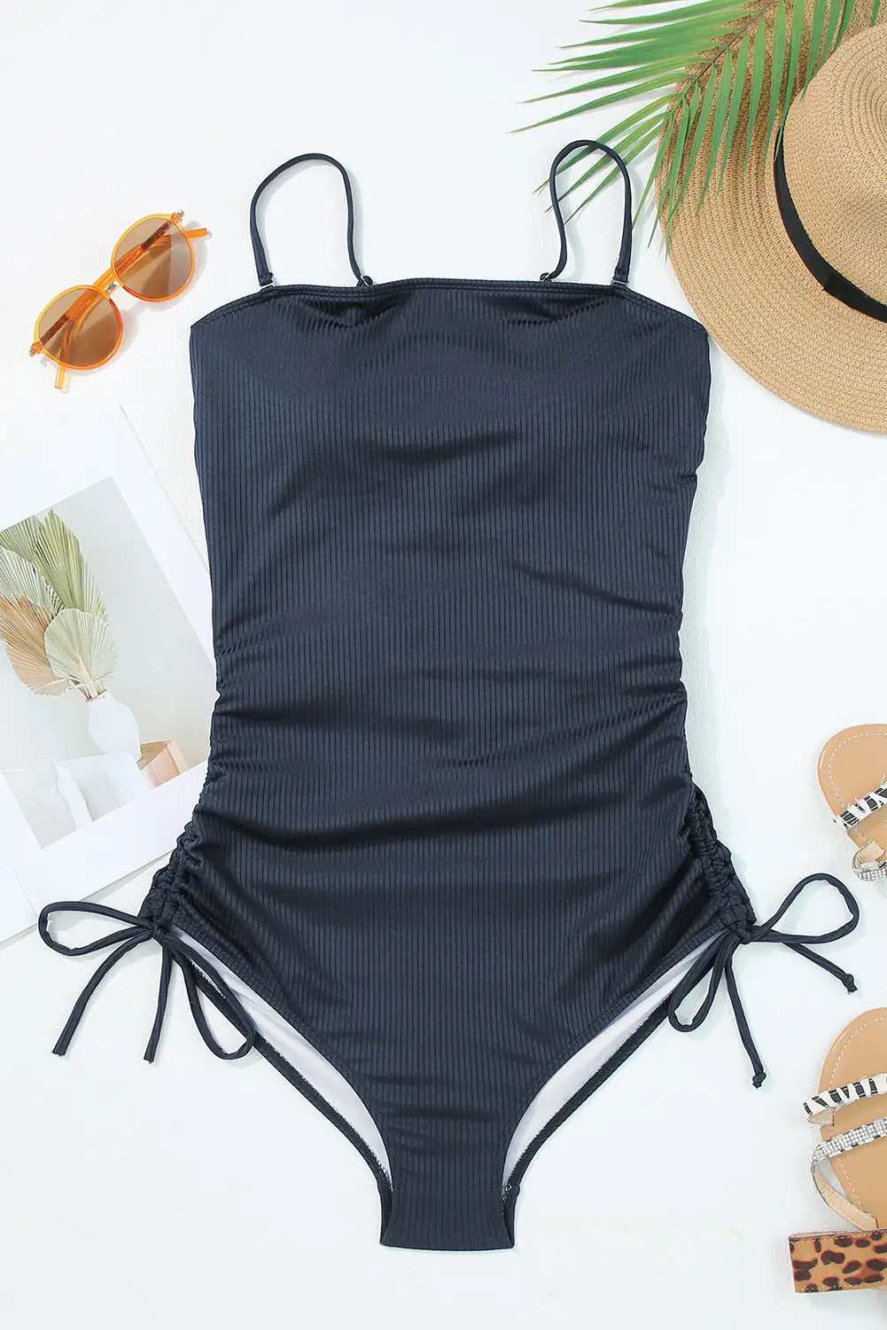 Navy blue ribbed cutout one piece swimsuit