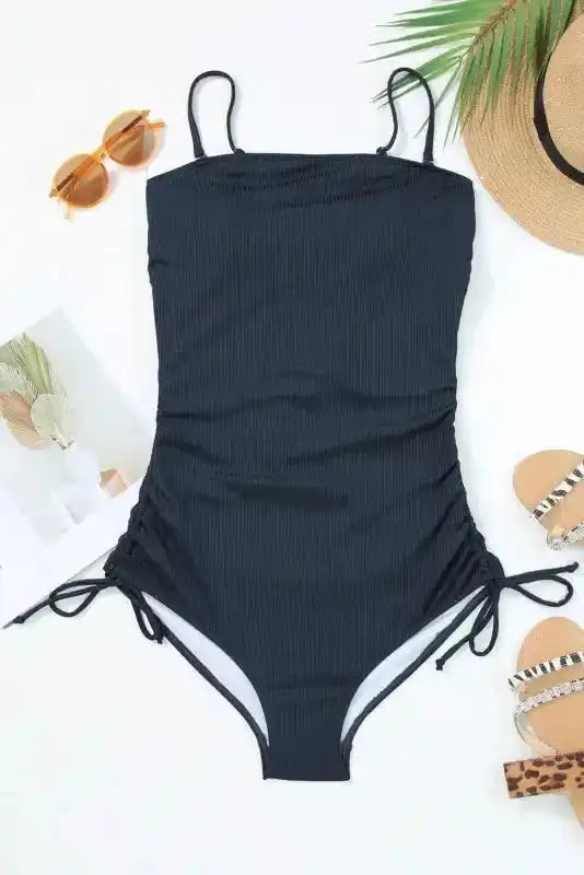 Navy Blue Ribbed Cutout One Piece Swimsuit - Fashionfitz